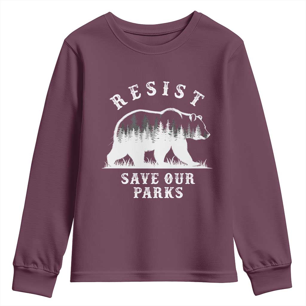 Resist Save Our Parks Youth Sweatshirt Bear US National Parks Wildlife Nature TS02 Maroon Print Your Wear