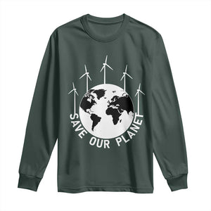 Save Our Planet Long Sleeve Shirt Wind Power Electricity Earth Day 2025 TS02 Dark Forest Green Print Your Wear