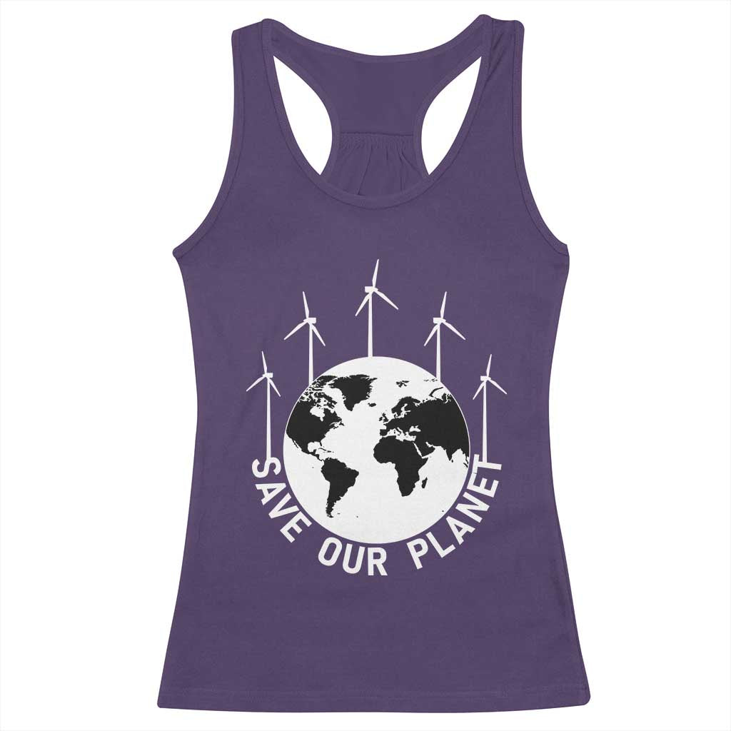 Save Our Planet Racerback Tank Top Wind Power Electricity Earth Day 2025 TS02 Purple Print Your Wear
