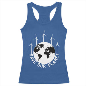 Save Our Planet Racerback Tank Top Wind Power Electricity Earth Day 2025 TS02 Royal Blue Print Your Wear