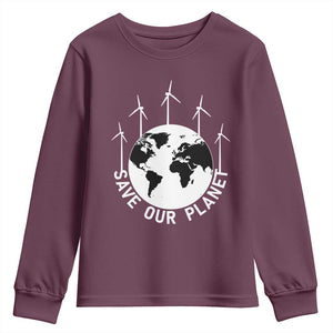 Save Our Planet Youth Sweatshirt Wind Power Electricity Earth Day 2025 TS02 Maroon Print Your Wear
