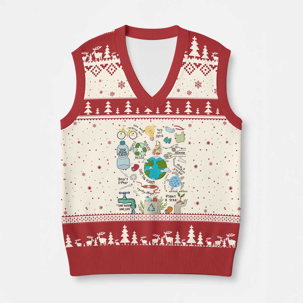 Save The Planet V-Neck Knit Sweater Vest Earth Day Protect Nature Environmental Recycling TS02 Beige Red Print Your Wear