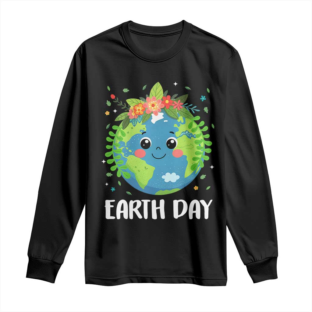 Happy Earth Day Long Sleeve Shirt Cute Earth With Floral TS02 Black Print Your Wear