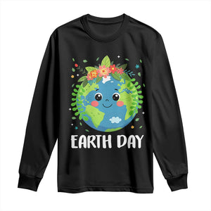 Happy Earth Day Long Sleeve Shirt Cute Earth With Floral TS02 Black Print Your Wear