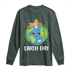 Happy Earth Day Long Sleeve Shirt Cute Earth With Floral TS02 Dark Forest Green Print Your Wear