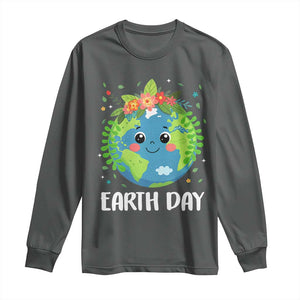 Happy Earth Day Long Sleeve Shirt Cute Earth With Floral TS02 Dark Heather Print Your Wear