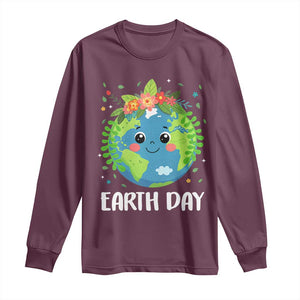 Happy Earth Day Long Sleeve Shirt Cute Earth With Floral TS02 Maroon Print Your Wear