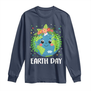 Happy Earth Day Long Sleeve Shirt Cute Earth With Floral TS02 Navy Print Your Wear