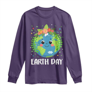 Happy Earth Day Long Sleeve Shirt Cute Earth With Floral TS02 Purple Print Your Wear