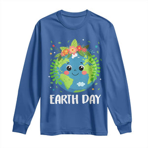 Happy Earth Day Long Sleeve Shirt Cute Earth With Floral TS02 Royal Blue Print Your Wear