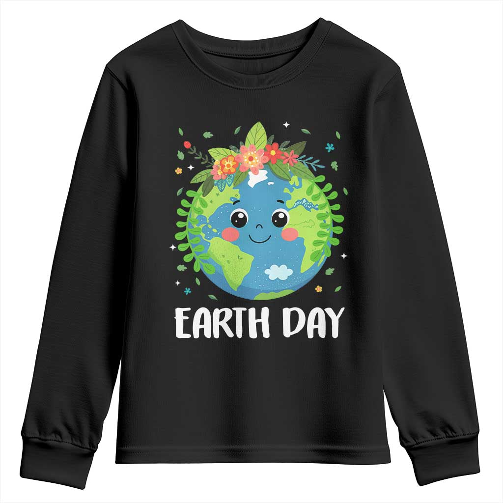 Happy Earth Day Youth Sweatshirt Cute Earth With Floral TS02 Black Print Your Wear