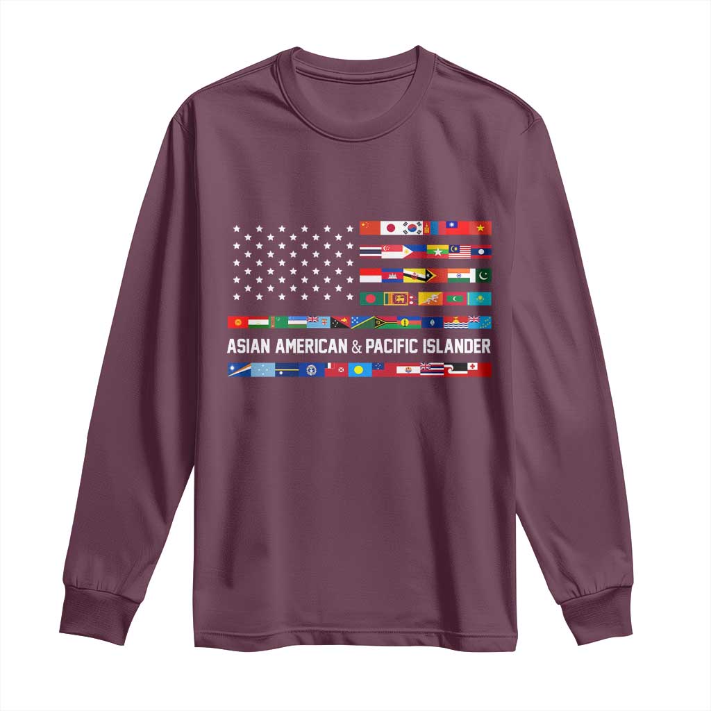 AAPI Heritage Month Long Sleeve Shirt Asian American and Pacific Islander USA Flag TS02 Maroon Print Your Wear