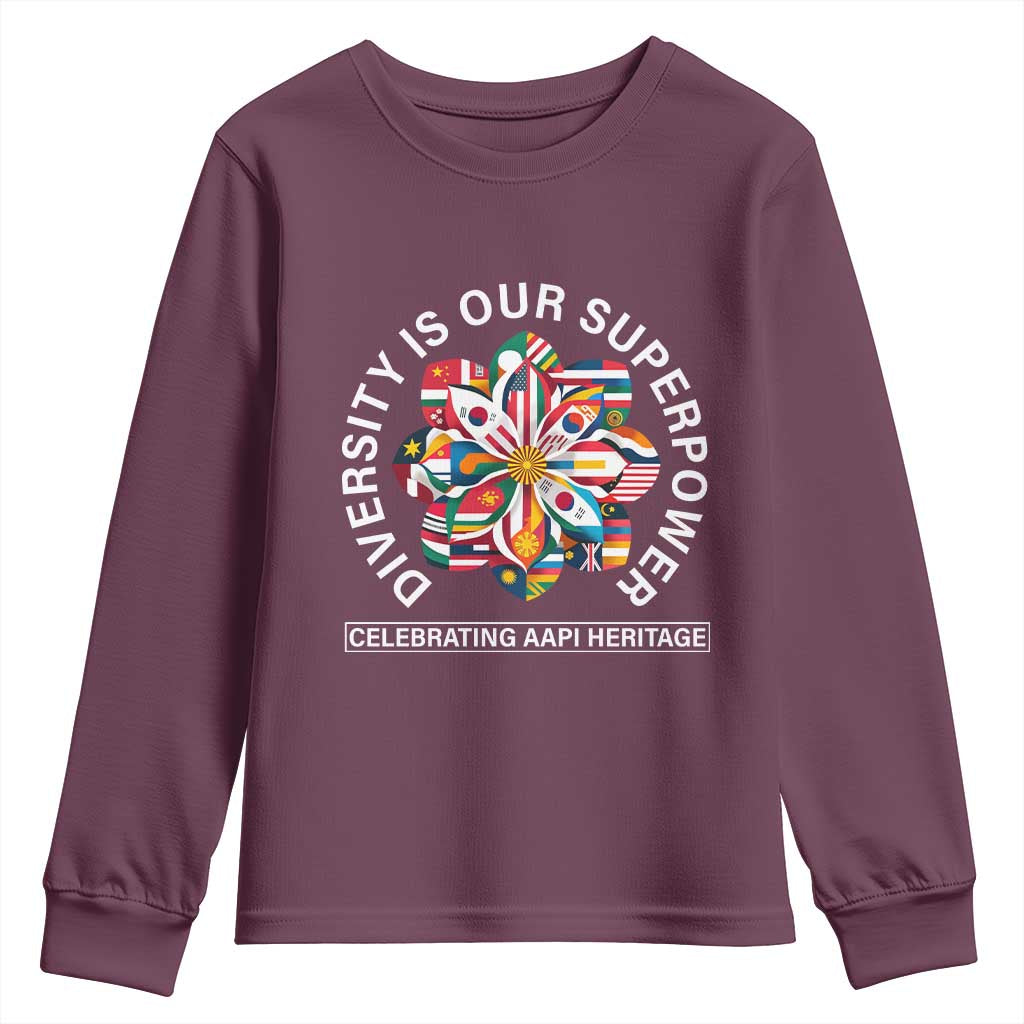 AAPI Heritage Month Youth Sweatshirt Diversity Is Our Superpower Asian American and Pacific Islander TS02 Maroon Print Your Wear
