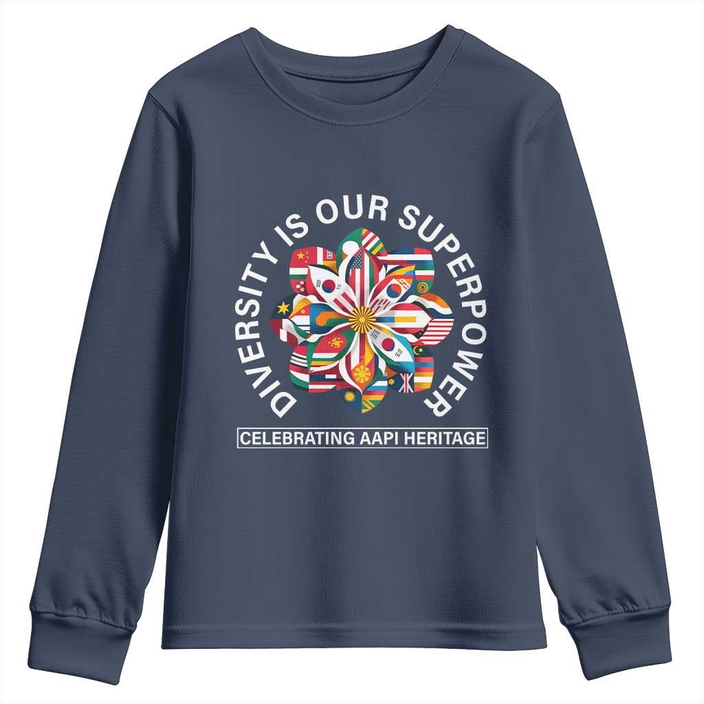AAPI Heritage Month Youth Sweatshirt Diversity Is Our Superpower Asian American and Pacific Islander TS02 Navy Print Your Wear