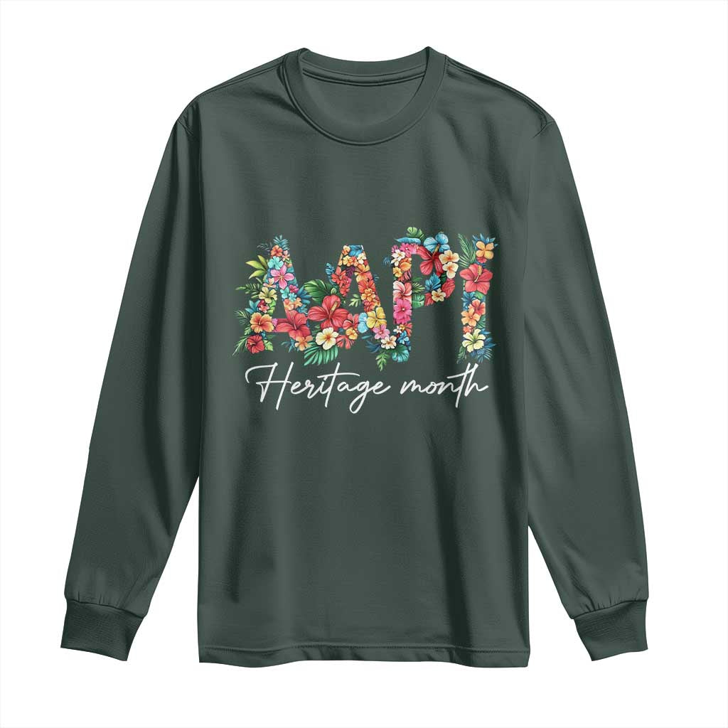 AAPI Heritage Month Long Sleeve Shirt Retro Elegant Floral Asian American Pacific Islander TS02 Dark Forest Green Print Your Wear