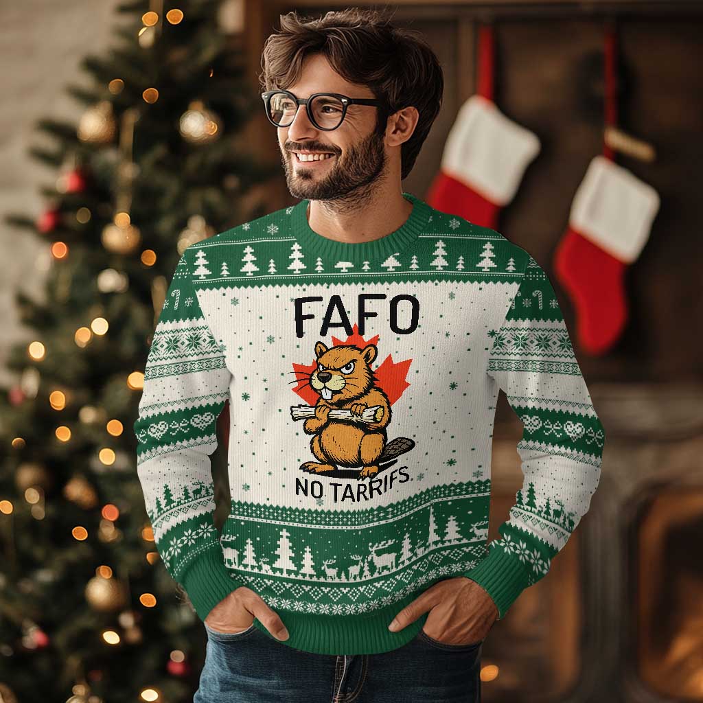 No Tariffs Canada Ugly Christmas Sweater Never 51st State Canadian Beaver TS02 Beige Green Print Your Wear
