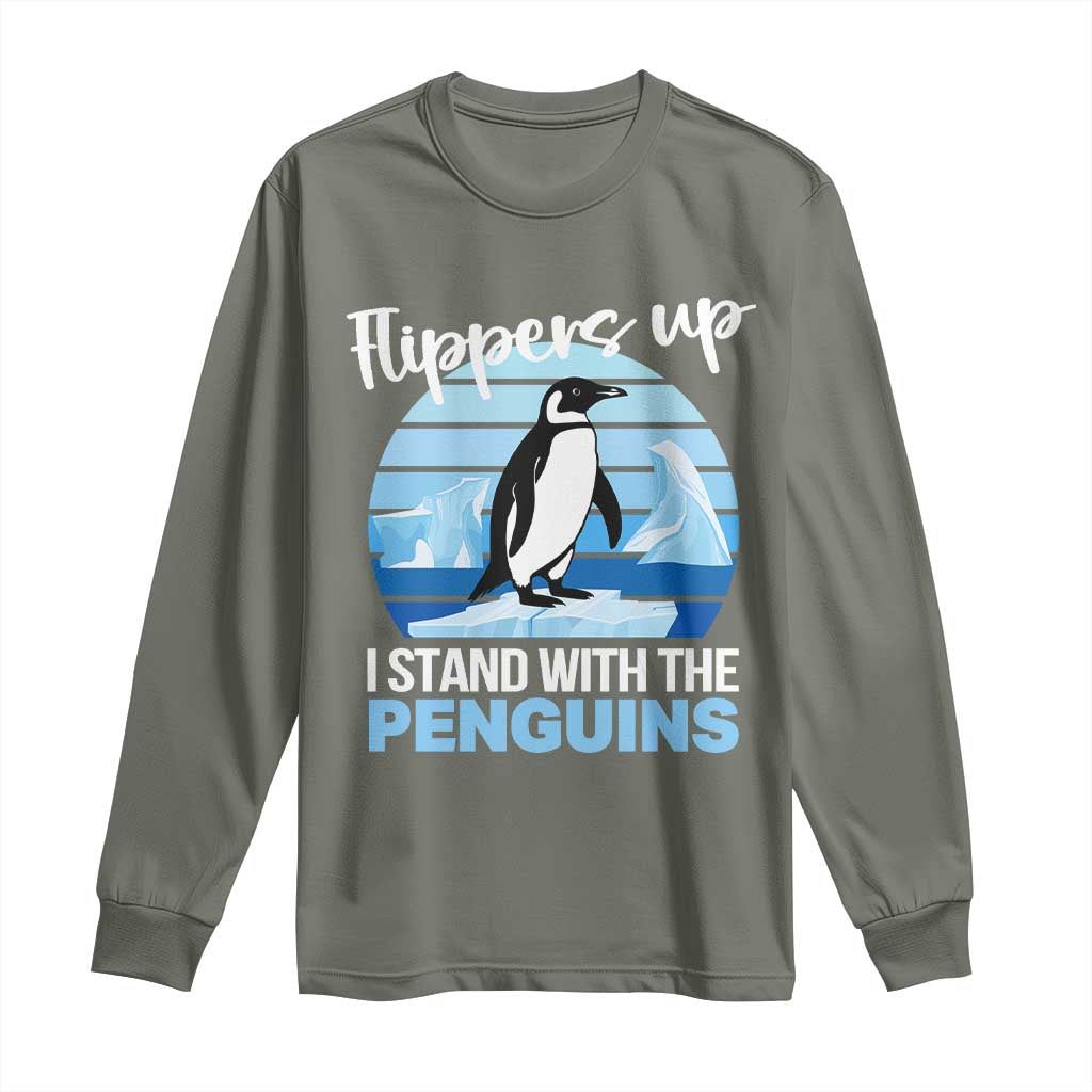 Funny Penguin Resist Long Sleeve Shirt Flippers Up I Stand With The Penguins TS02 Military Green Print Your Wear