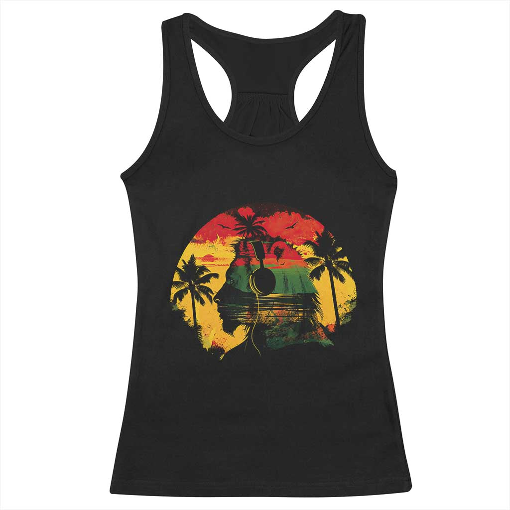 Retro Jamaican Lion Sunset Racerback Tank Top Rasta Colors Music and Island Vibes Graphic TS02 Black Print Your Wear