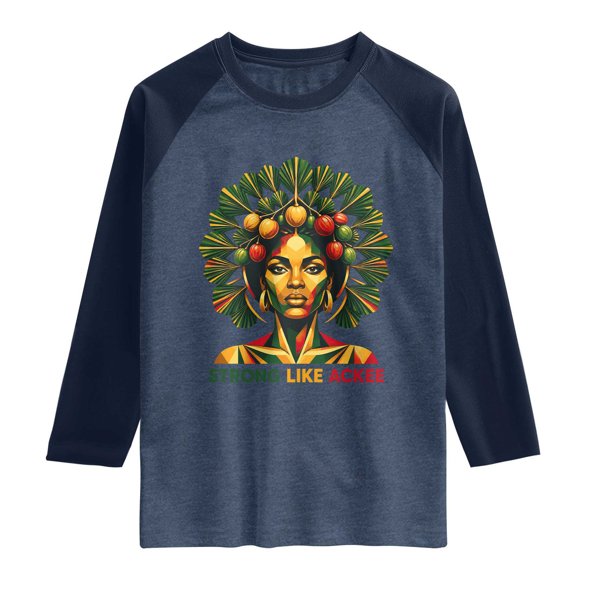 Strong Like Ackee Empowered Woman Raglan Shirt Jamaican National Fruit Heritage Pride TS02 Heather Denim Navy Print Your Wear