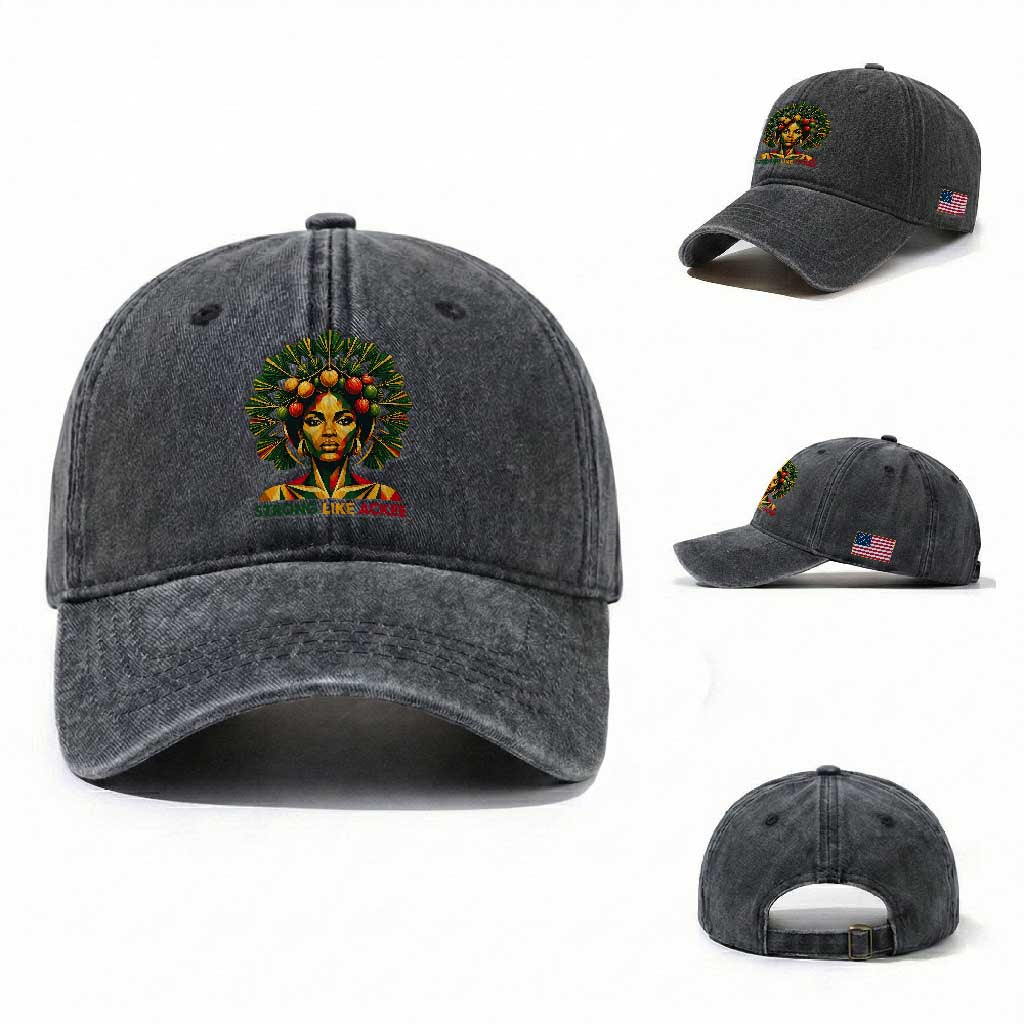 Strong Like Ackee Empowered Woman Washed Cotton Baseball Cap Jamaican National Fruit Heritage Pride TS02 Washed Cap Universal Fit Dark Gray Print Your Wear