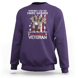 Female Veteran Sweatshirt Assuming I Was Like Most Women Was Your First Mistake American Flag Dog Tags And Combat Boots TS02 Purple Printyourwear