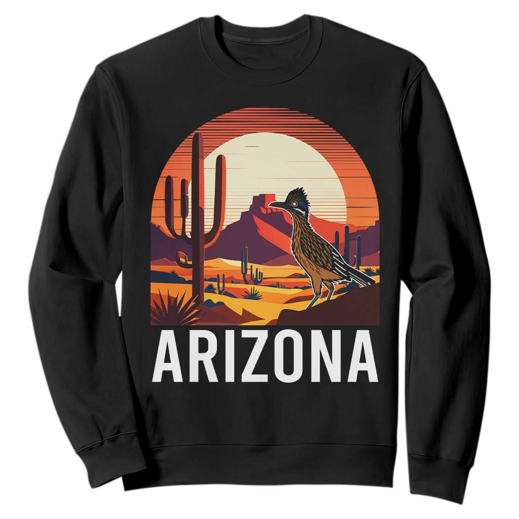 Retro Arizona Roadrunner Desert Sunset Graphic Sweatshirt Southwest Saguaro Cactus Wildlife Travel Souvenir TS02 Black Print Your Wear