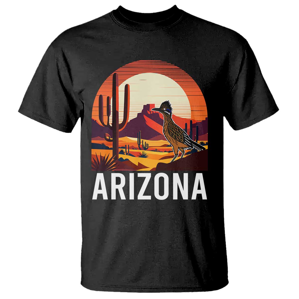 Retro Arizona Roadrunner Desert Sunset Graphic T Shirt Southwest Saguaro Cactus Wildlife Travel Souvenir TS02 Black Print Your Wear
