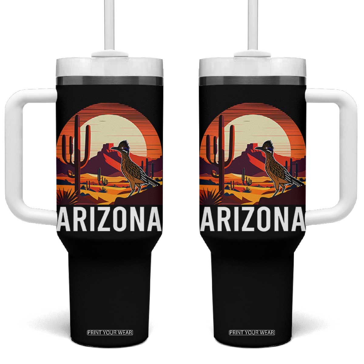 Retro Arizona Roadrunner Desert Sunset Graphic Tumbler With Handle Southwest Saguaro Cactus Wildlife Travel Souvenir TS02 One Size: 40 oz Black Print Your Wear