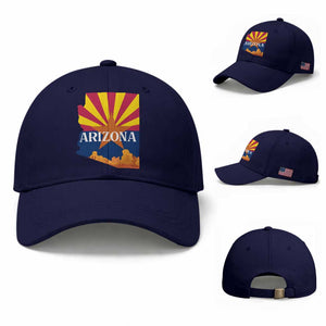 Arizona State Flag Map Graphic Baseball Cap Southwest Sunburst Cactus State Pride Souvenir TS02 Baseball Cap Universal Fit Dark Blue Print Your Wear