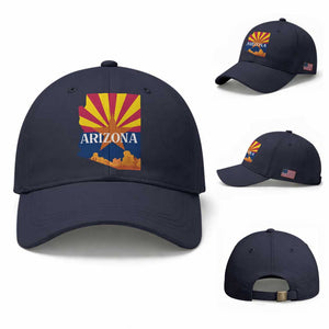 Arizona State Flag Map Graphic Baseball Cap Southwest Sunburst Cactus State Pride Souvenir TS02 Baseball Cap Universal Fit Navy Print Your Wear