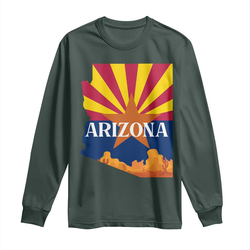 Arizona State Flag Map Graphic Long Sleeve Shirt Southwest Sunburst Cactus State Pride Souvenir TS02 Dark Forest Green Print Your Wear