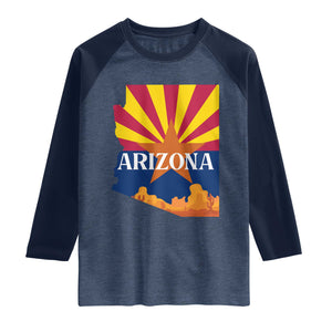 Arizona State Flag Map Graphic Raglan Shirt Southwest Sunburst Cactus State Pride Souvenir TS02 Heather Denim Navy Print Your Wear