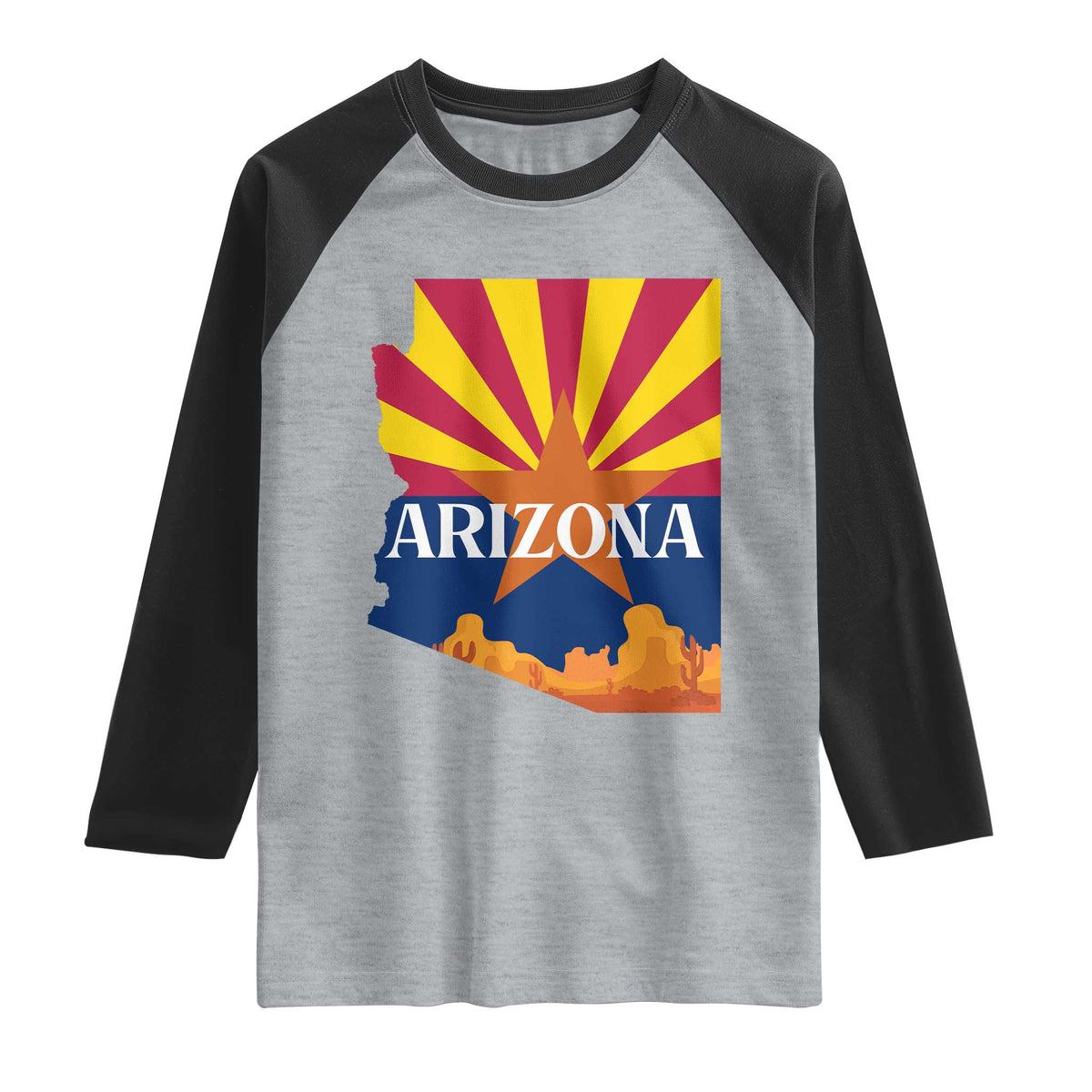 Arizona State Flag Map Graphic Raglan Shirt Southwest Sunburst Cactus State Pride Souvenir TS02 Heather Gray Black Print Your Wear