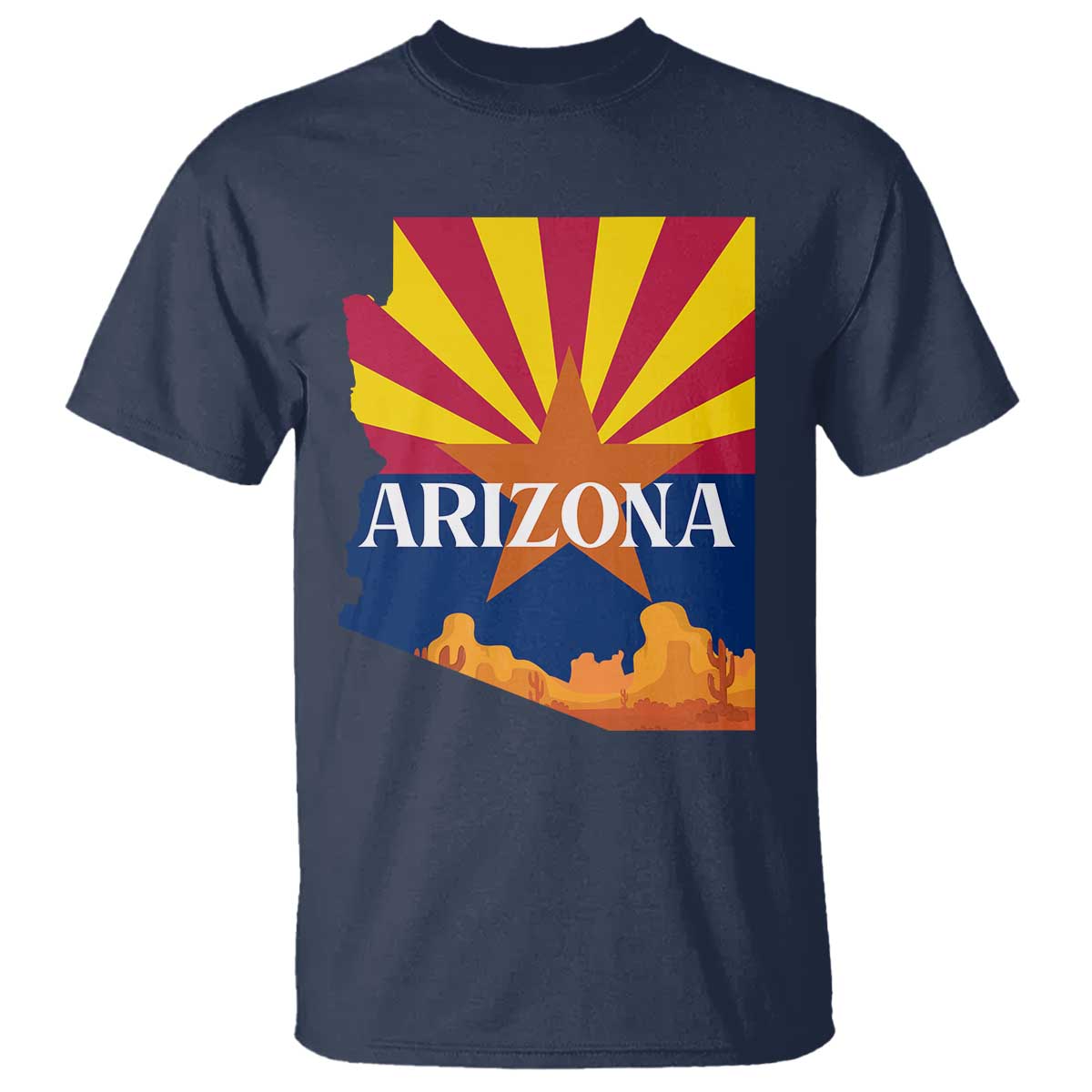 Arizona State Flag Map Graphic T Shirt Southwest Sunburst Cactus State Pride Souvenir TS02 Navy Print Your Wear