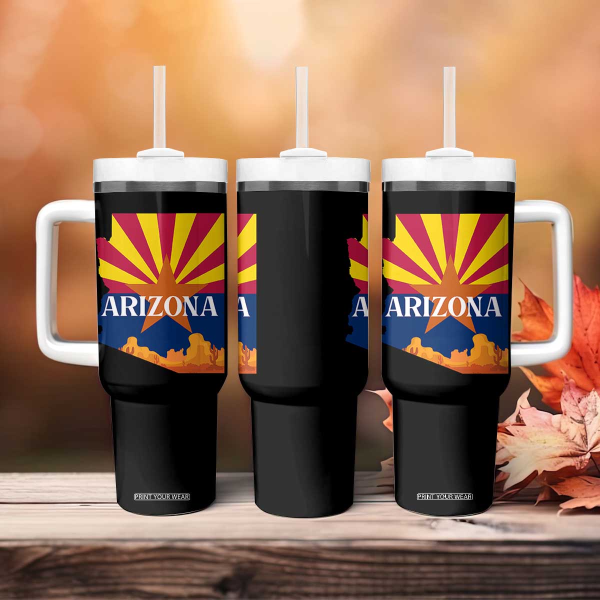 Arizona State Flag Map Graphic Tumbler With Handle Southwest Sunburst Cactus State Pride Souvenir TS02 Print Your Wear