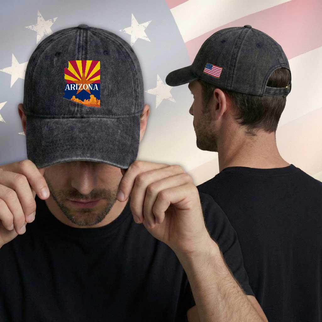 Arizona State Flag Map Graphic Washed Cotton Baseball Cap Southwest Sunburst Cactus State Pride Souvenir TS02 Print Your Wear