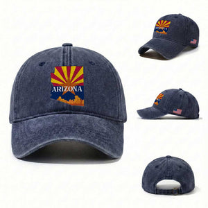 Arizona State Flag Map Graphic Washed Cotton Baseball Cap Southwest Sunburst Cactus State Pride Souvenir TS02 Washed Cap Universal Fit Navy Print Your Wear