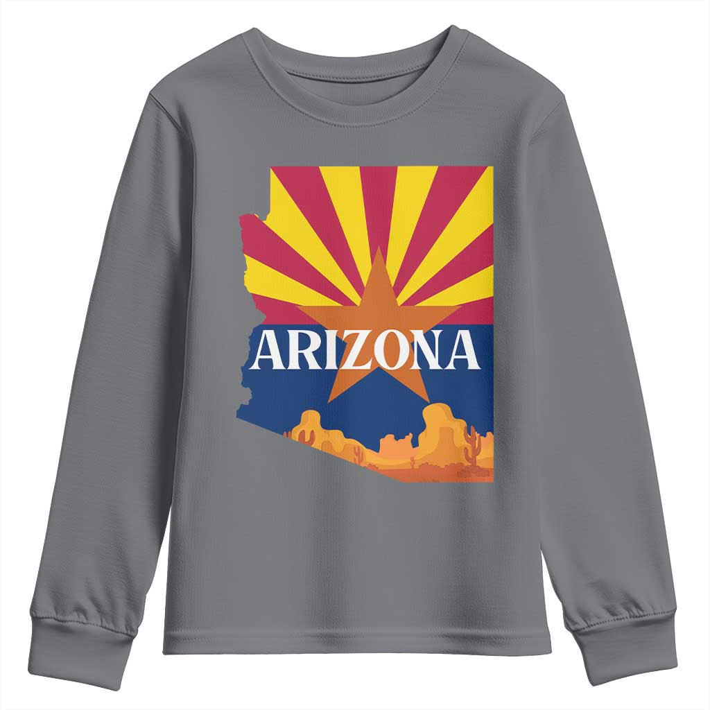 Arizona State Flag Map Graphic Youth Sweatshirt Southwest Sunburst Cactus State Pride Souvenir TS02 Charcoal Print Your Wear