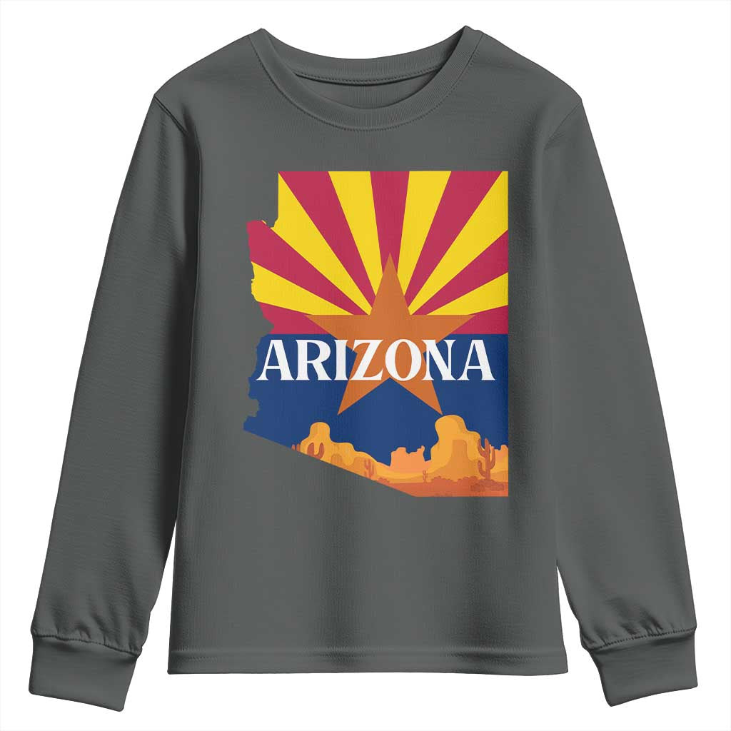 Arizona State Flag Map Graphic Youth Sweatshirt Southwest Sunburst Cactus State Pride Souvenir TS02 Dark Heather Print Your Wear