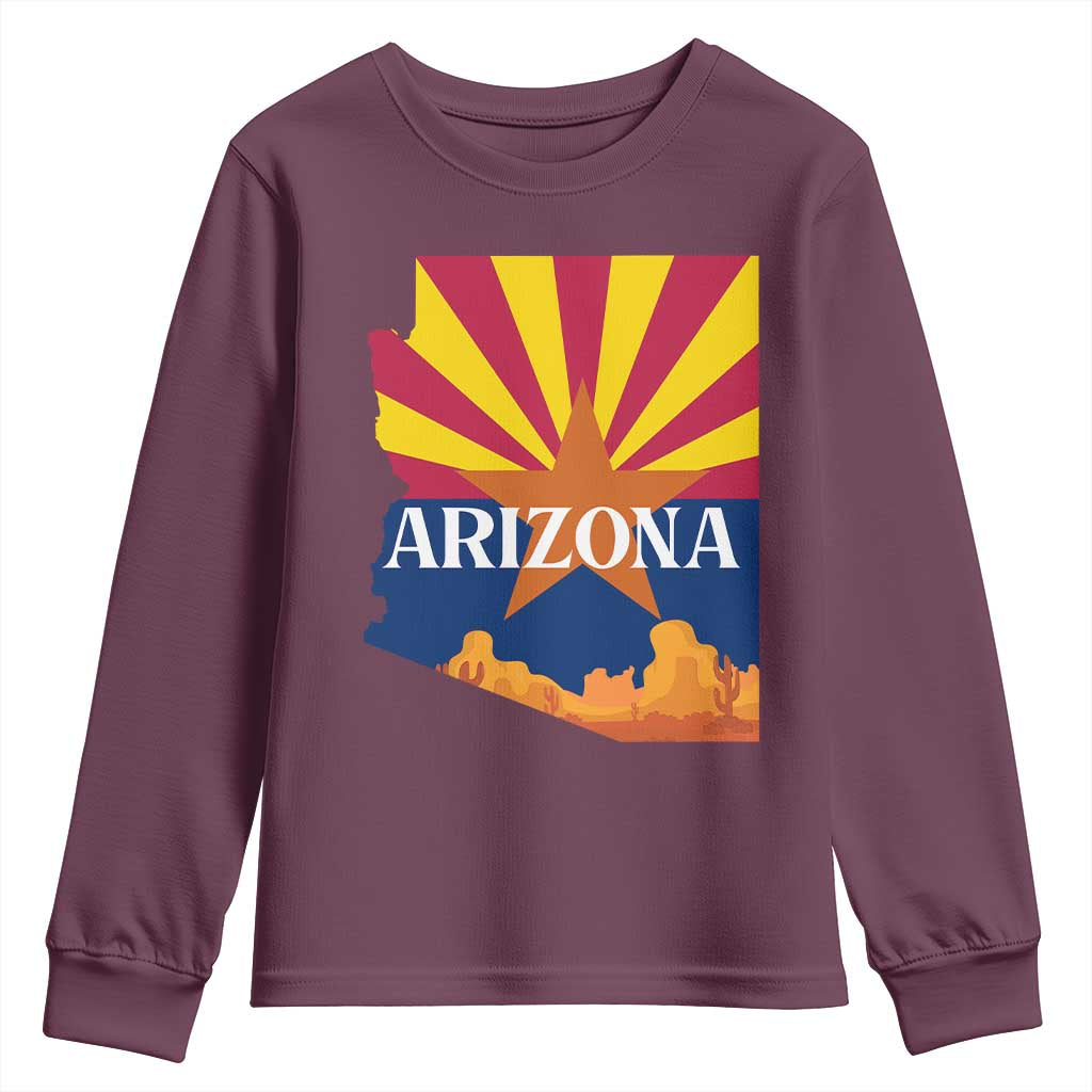 Arizona State Flag Map Graphic Youth Sweatshirt Southwest Sunburst Cactus State Pride Souvenir TS02 Maroon Print Your Wear