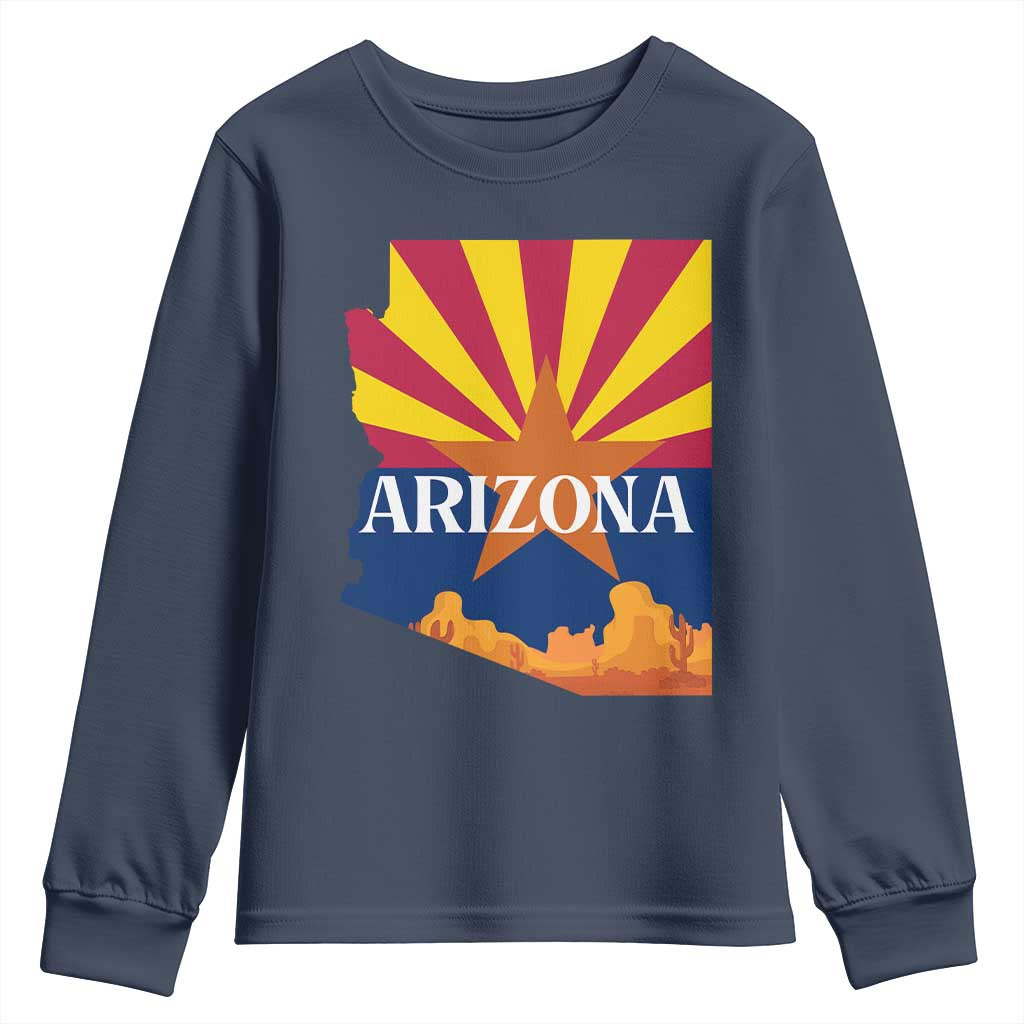 Arizona State Flag Map Graphic Youth Sweatshirt Southwest Sunburst Cactus State Pride Souvenir TS02 Navy Print Your Wear