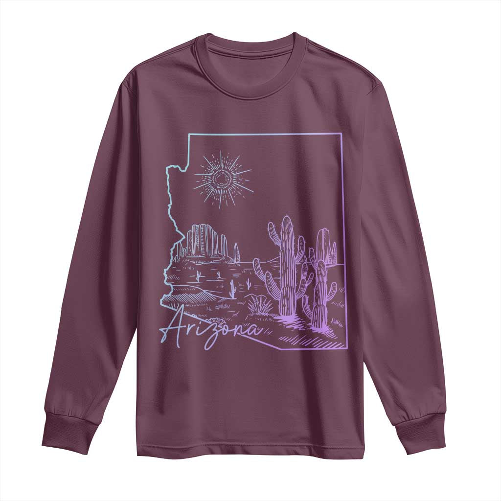 Glowing Arizona State Map Outline Graphic Long Sleeve Shirt Neon Gradient Cactus Desert Travel Souvenir TS02 Maroon Print Your Wear