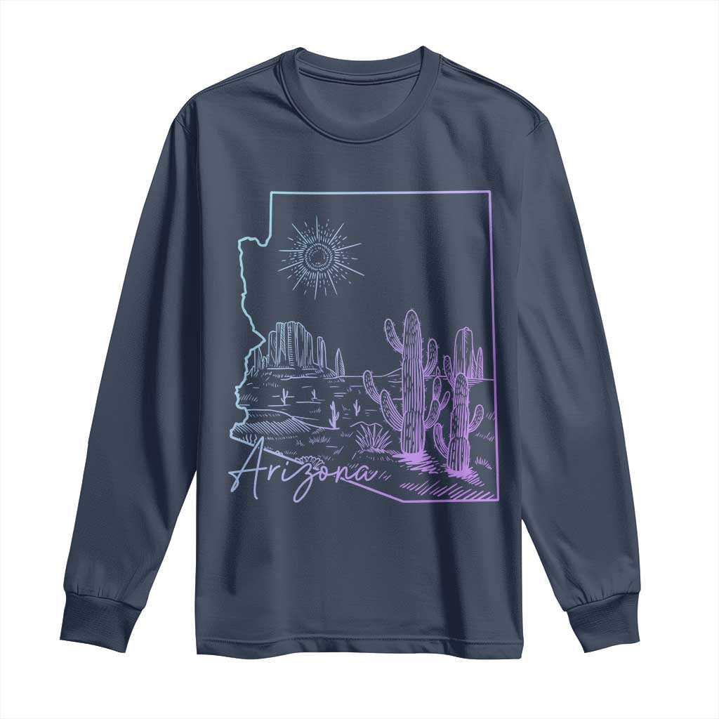 Glowing Arizona State Map Outline Graphic Long Sleeve Shirt Neon Gradient Cactus Desert Travel Souvenir TS02 Navy Print Your Wear