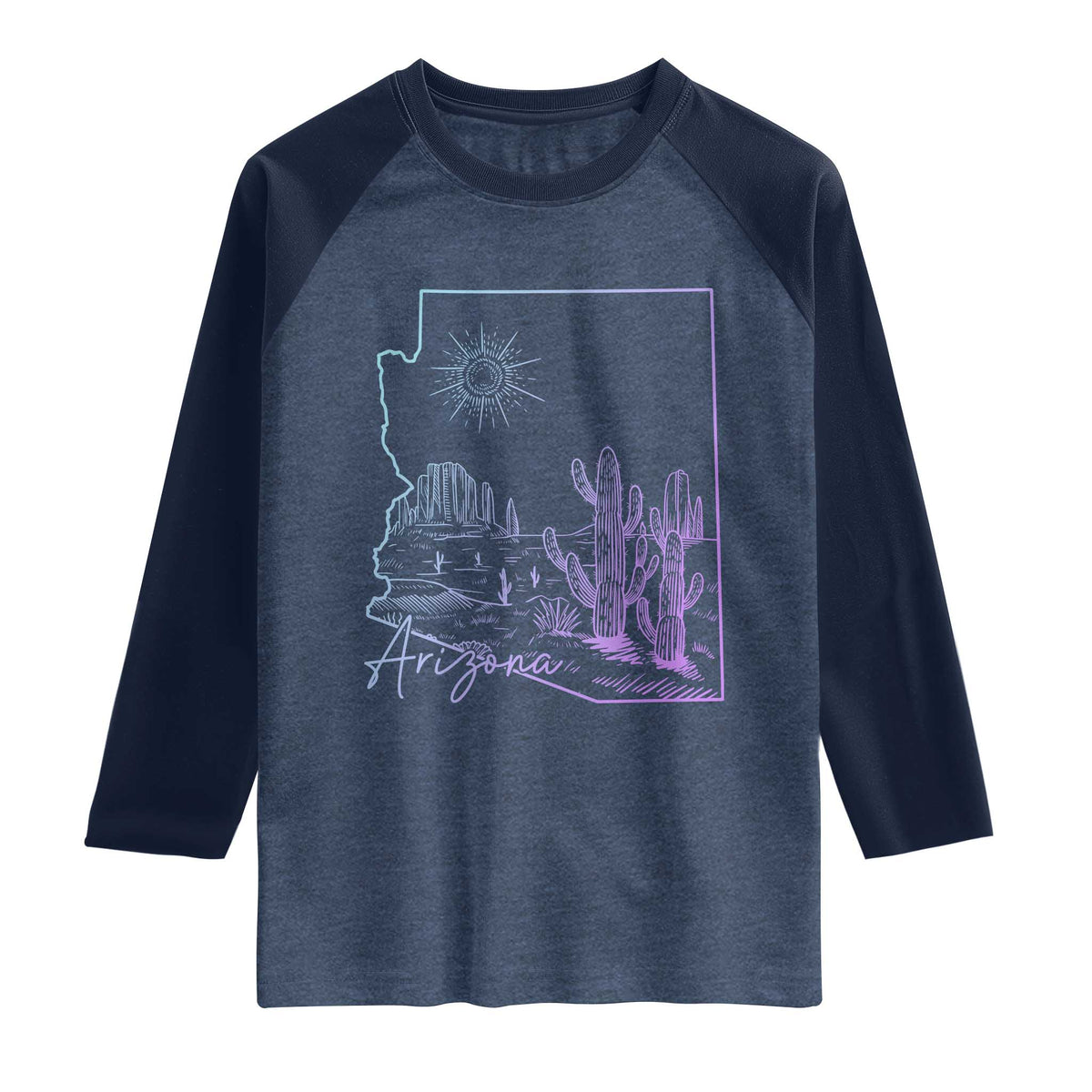 Glowing Arizona State Map Outline Graphic Raglan Shirt Neon Gradient Cactus Desert Travel Souvenir TS02 Heather Denim Navy Print Your Wear