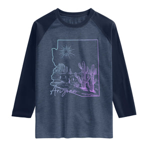 Glowing Arizona State Map Outline Graphic Raglan Shirt Neon Gradient Cactus Desert Travel Souvenir TS02 Heather Denim Navy Print Your Wear
