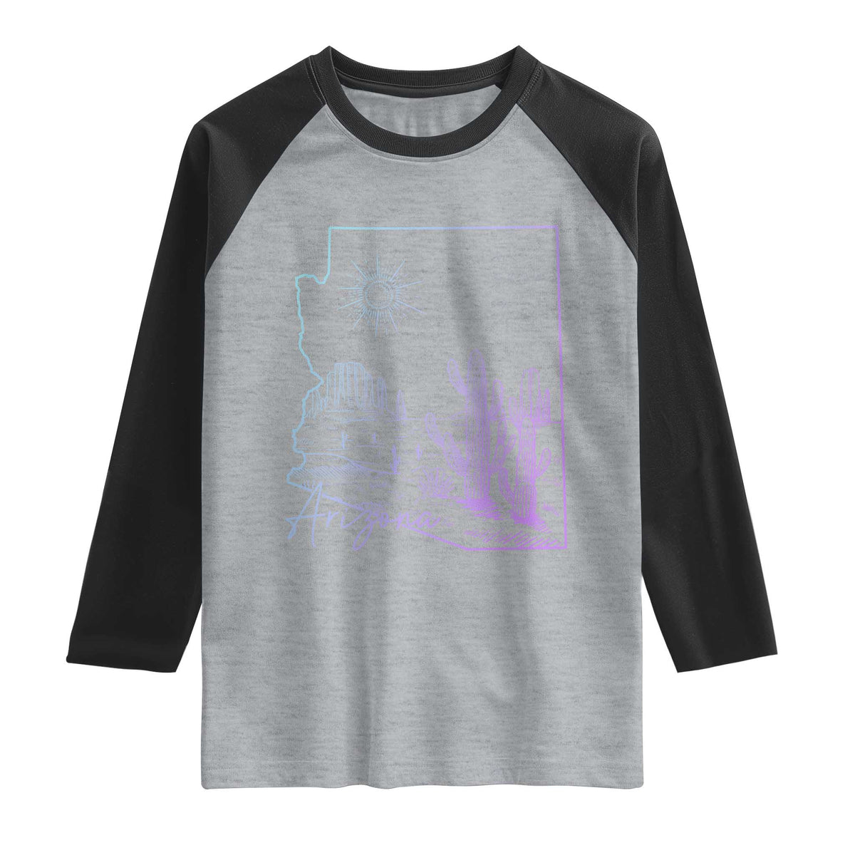 Glowing Arizona State Map Outline Graphic Raglan Shirt Neon Gradient Cactus Desert Travel Souvenir TS02 Heather Gray Black Print Your Wear