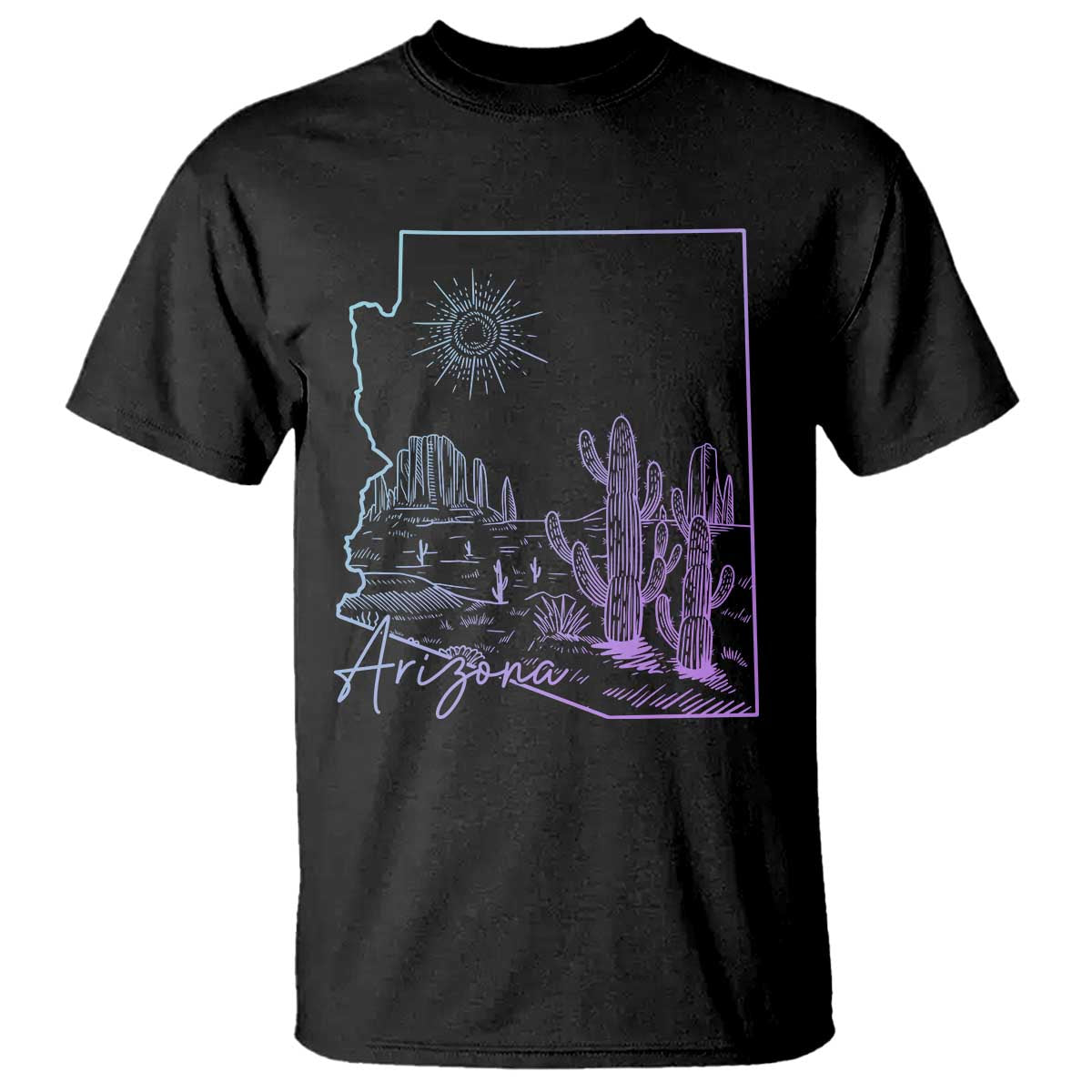 Glowing Arizona State Map Outline Graphic T Shirt Neon Gradient Cactus Desert Travel Souvenir TS02 Black Print Your Wear