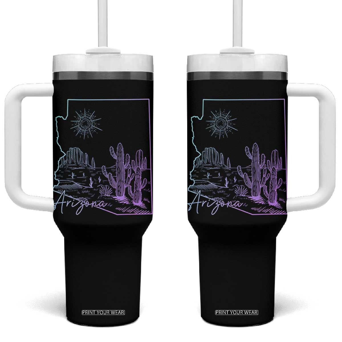 Glowing Arizona State Map Outline Graphic Tumbler With Handle Neon Gradient Cactus Desert Travel Souvenir TS02 One Size: 40 oz Black Print Your Wear