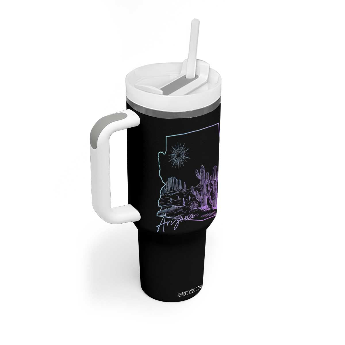 Glowing Arizona State Map Outline Graphic Tumbler With Handle Neon Gradient Cactus Desert Travel Souvenir TS02 Print Your Wear