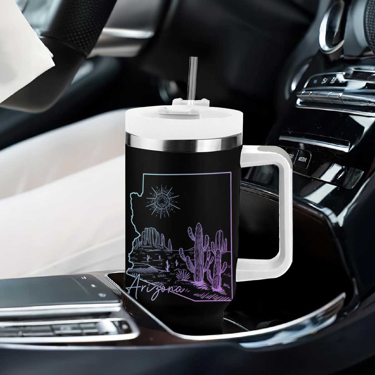 Glowing Arizona State Map Outline Graphic Tumbler With Handle Neon Gradient Cactus Desert Travel Souvenir TS02 Print Your Wear